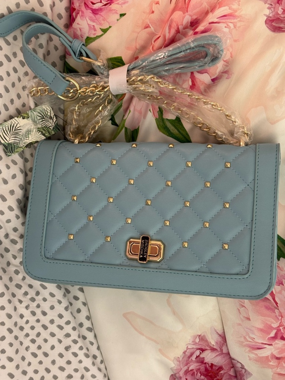 Badgley Mischka Quilted Light Blue Crossbody with Gold-Tone Chain